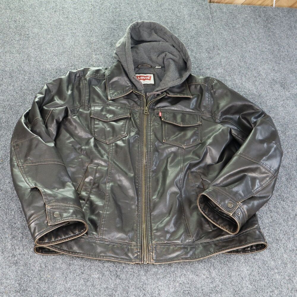 Levi's Men's Faux Leather Hooded Trucker Jacket Dark Brown Hoodie Size M